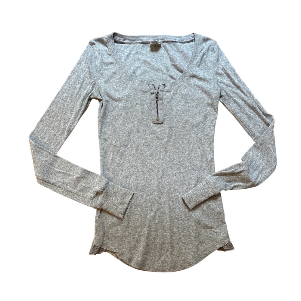 PINK Victoria's Secret Top Women Gray Ribbed Zip Front Lace Trim SIZE S